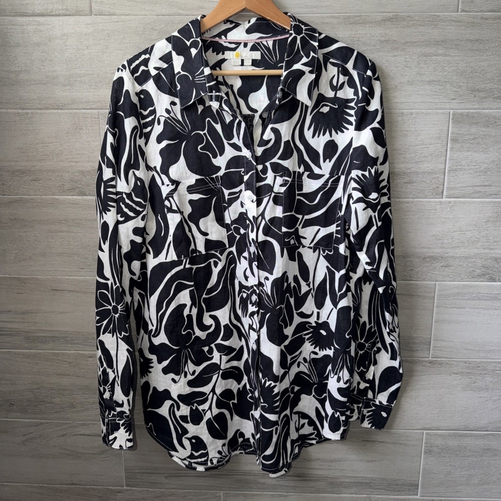 Boden 100% Linen Floral Button Up Long Sleeve Shirt Woman's Size 10R Black White